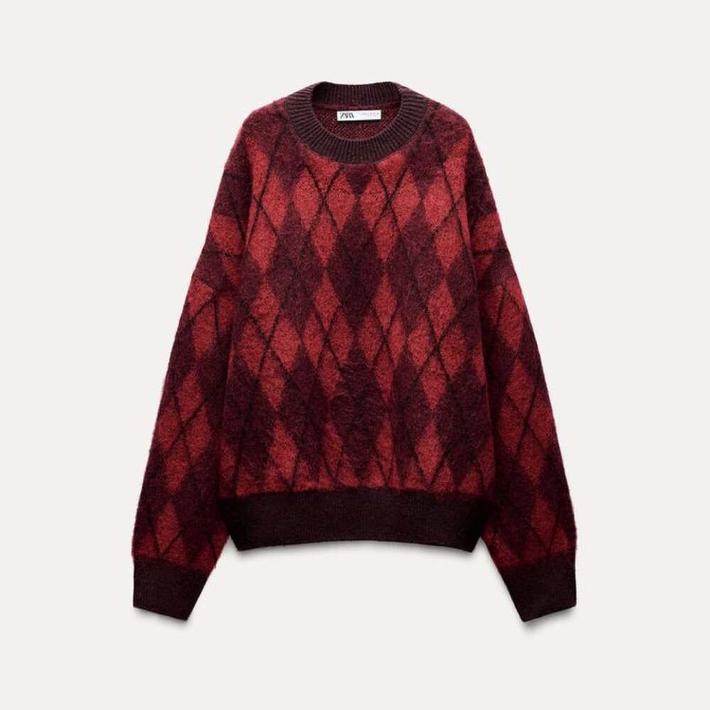 Zara Dark Red Knit Argyle Sweater S